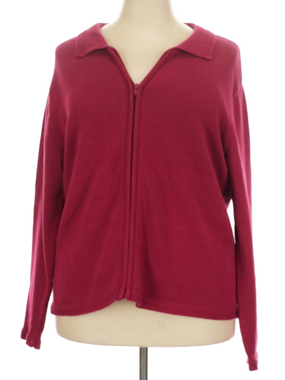 Zip-Front Collared Cardigan Sweater in Wine